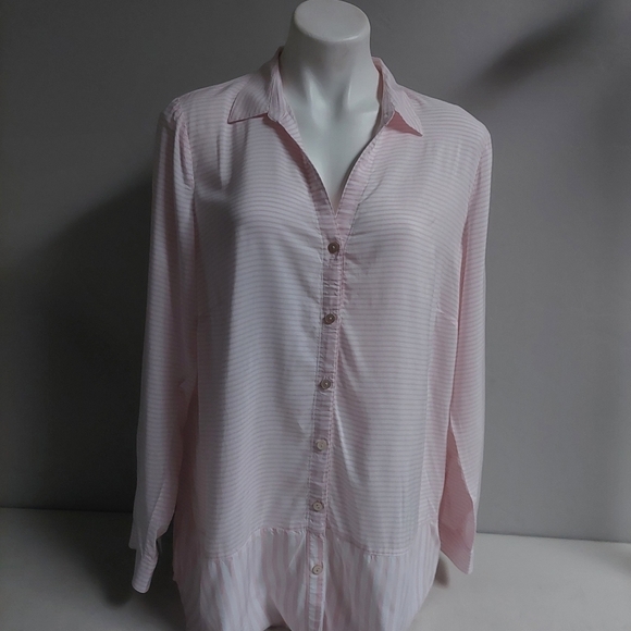 J. Jill Tops - J Jill Pink White Stripped Tunic Top Button Down Light Silky Long Sleeve‎ Size L